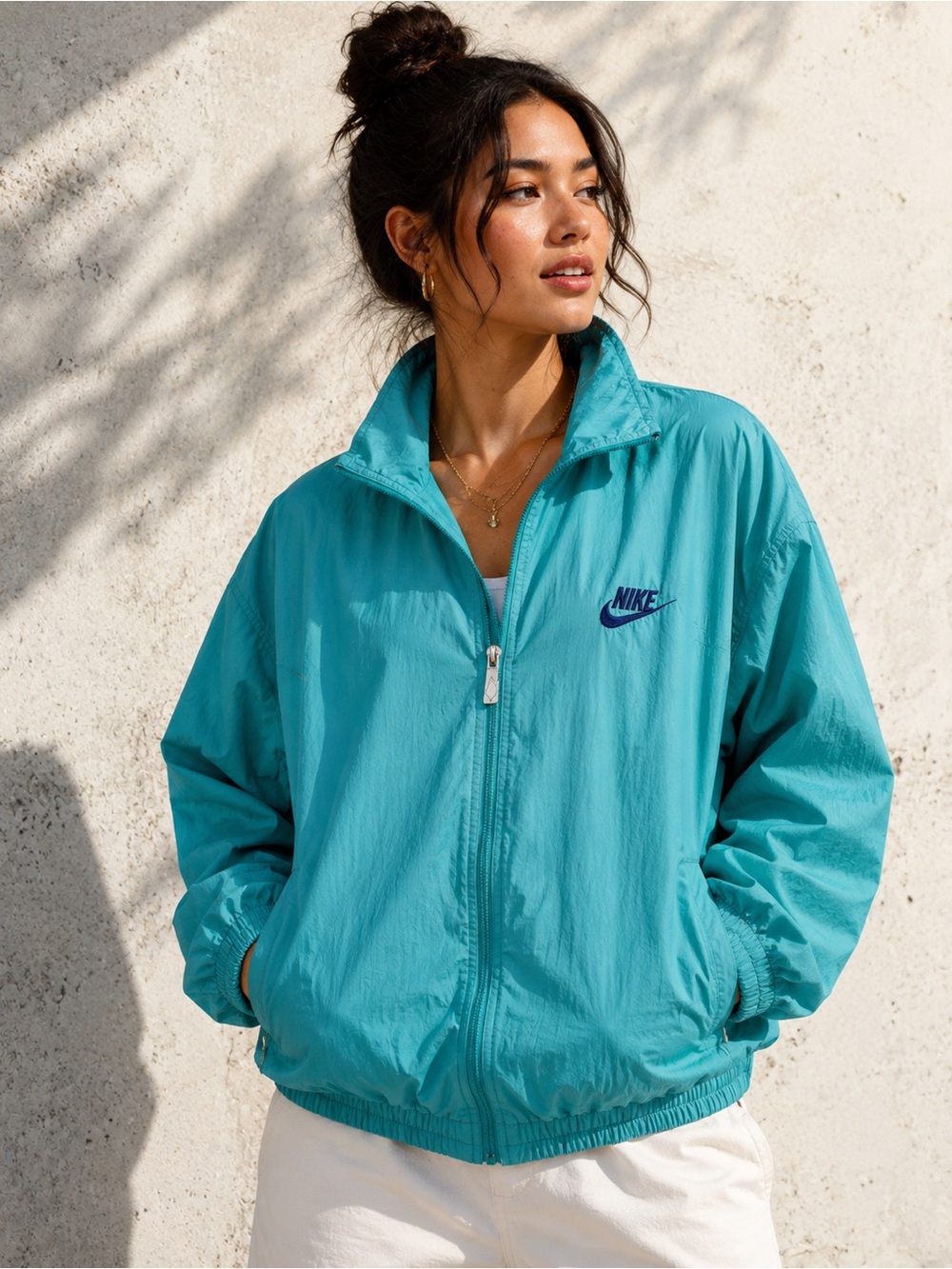 Vintage Nike Windbreaker Jacket Large Teal Aqua 90s Swoosh Full Zip